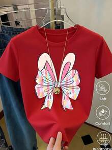 Women's White T-Shirt With Rabbit Ears And Paws In Leopard Print, Fashionable Animal Print T-Shirt, Casual Summer Blouse With Cute Bunny Design, Aesthetic And Fun Top - 紅白色 - 查看 1