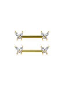 2 piezas de anillos para pezones, joyería de perforación de pezón con barras rectas, joyería de perforación corporal con mariposa, barras de pezón con CZ - Multicolor - Ver 8
