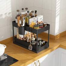 1pc Oversized Double Layer Storage Rack With Drawer, Black Double Layer Under Sink Organizer, Multifunctional H-Shaped Storage Rack, Kitchen Pull-Out Spice & Draining Rack, Bathroom Living Room Storage Shelf - Black - View 12