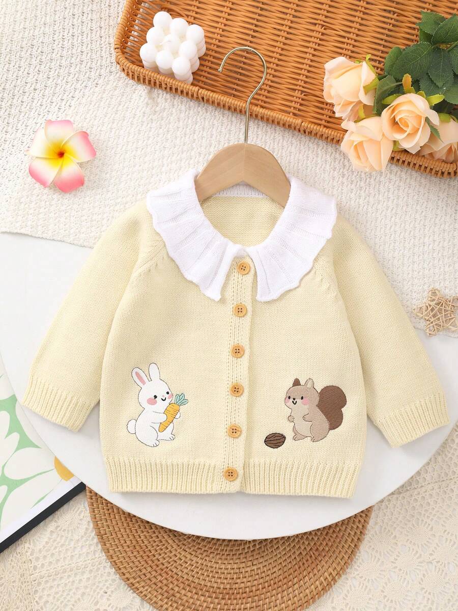 Baby Girl Autumn/Winter Cute Cartoon Rabbit & Squirrel Embroidered Ruffle Peter Pan Collar Knitted Cardigan - Yellow - View 1