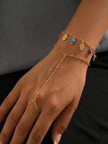 2pcs/Set Gold-Tone Copper Material Linked Bracelet With Mysterious Demon Eye Tassel Hand Chain, Charming Women's Jewelry Suitable For Daily Wear And Party/Vacation Occasions, Colorful Beads On Handmade Chain Are Randomly Distributed - Multicolor - View 1