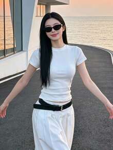 [Y6Y]女款黑色小圓領標準肩短袖T恤，休閒百搭修身簡約上衣，夏季白色 - 白色 - 查看 5
