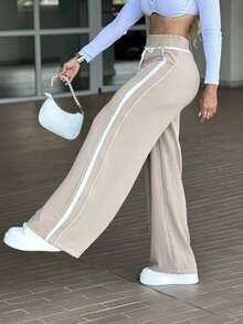 Vaiaye Women's High Waist Drawstring Striped Wide Leg Pants, Solid Khaki Color Loose Casual Long Pants, Comfortable And Soft, Suitable For Gym Fitness And Daily Street Wear - Light Khaki - View 6