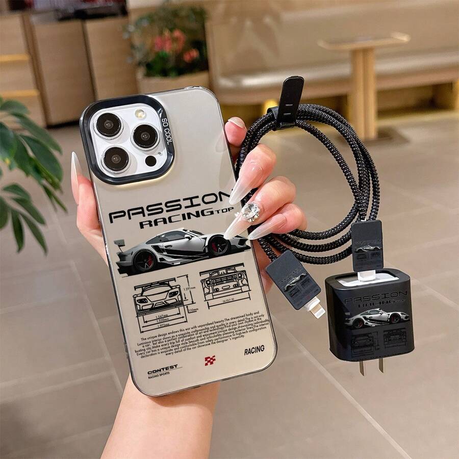 6件/組 一體化彩色銀黑卡通賽車手機殼圖案 + 充電頭套 + 線材保護套 + 收納繩 + 數據線保護繩 TPU 防摔保護殼,適用於 Apple 6 7 8 XXs XR XS Max 11 12 13 14 15 16 Pro Max,適合作為情侶、女性、女兒、男朋友、女朋友、青少年女孩的生日和聖誕禮物 - 彩色 - 查看 1