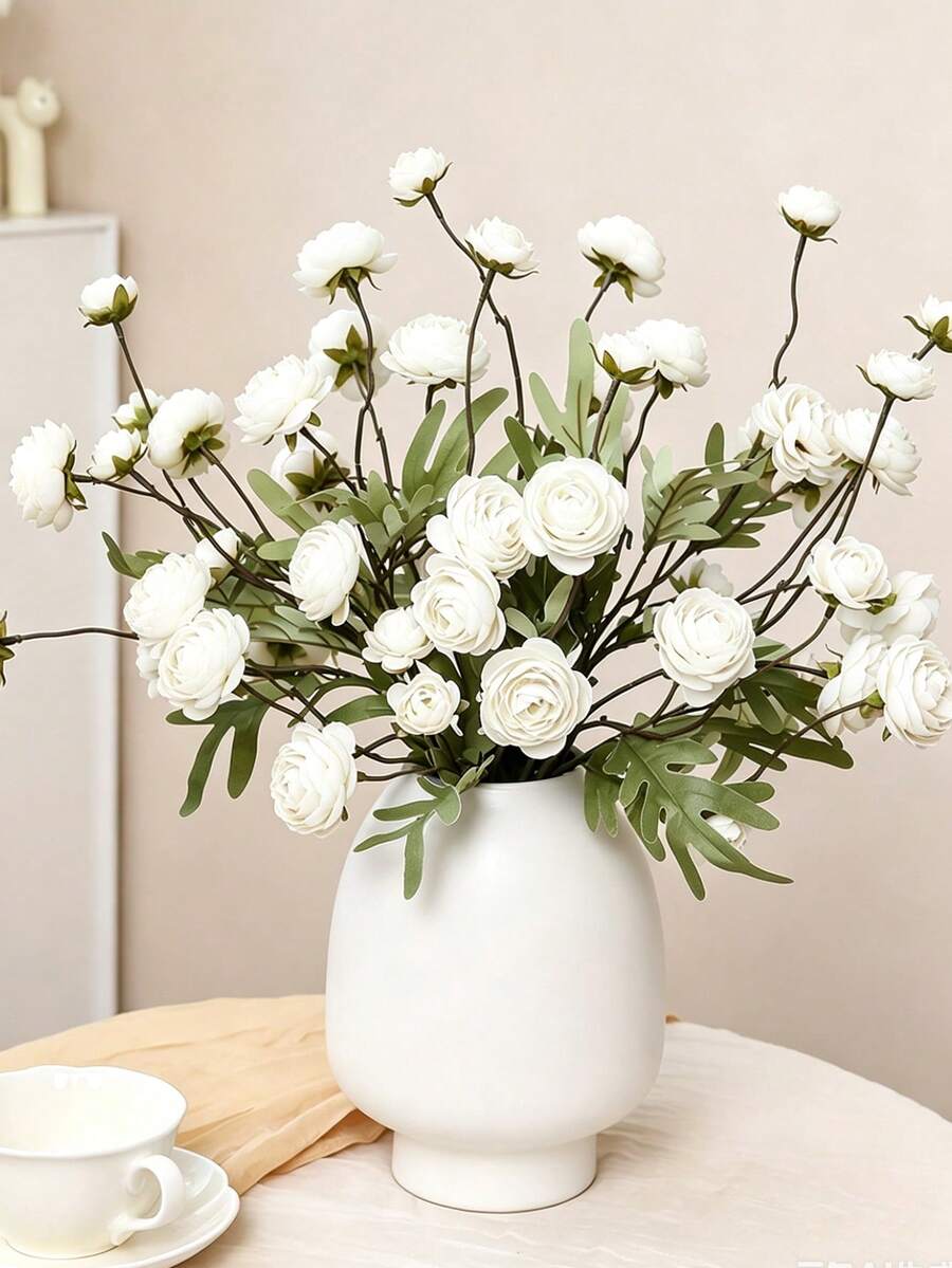 6件人造絲綢毛茛花,5朵頭白色仿真玫瑰花莖,婚禮花束,桌上裝飾,廚房裝飾,新娘派對,居家裝飾,臥室,房間裝飾,餐桌,浴室,秋季裝飾,宿舍,情人節,嬰兒派對裝飾 - 白色 - 查看 1
