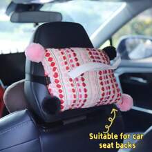 Nordic French Linen Car Tissue Box Holder Hanging Decorative Tissue Organizer With Pom Pom Design For Car Seat Back Sun Visor Armrest Storage Pouch Vehicle Interior Accessories Home Decor Organization - Blue Lover - View 11