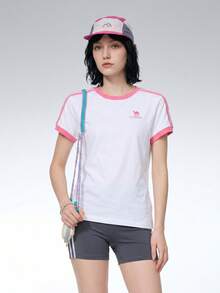 CAMEL CROWN 戶外運動休閒透氣純棉夏季T恤，女款短袖夏季情侶寬鬆上衣 - 無際白櫻桃粉 - 查看 1