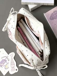1pc Cute Polka Dot Bowknot Large Capacity Zipper Pencil Case, Student Stationery Storage Bag, Multifunctional Fabric Storage Pouch, First Day Of School - Multicolor - View 5