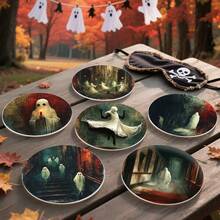 6pcs PET Coasters, Halloween Elements, Ghost Pattern Design Heat-Resistant Coasters, Hand Washable, Budget-Friendly, Suitable For Event And Party Decoration, Table Centerpiece, Halloween, Christmas, Thanksgiving Holiday Decor - PET Coaster - 1822 - View 8