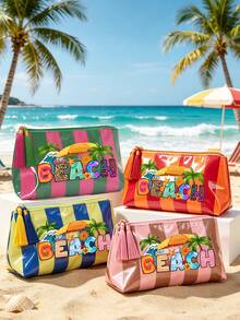夏季海灘彩色條紋PVC化妝包，彩色「BEACH」印花旅行盥洗包，防水流蘇拉鍊收納袋，多功能收納包，海灘度假與郵輪旅行必備，返校禮物，教師節禮物 - 彩色 - 查看 1