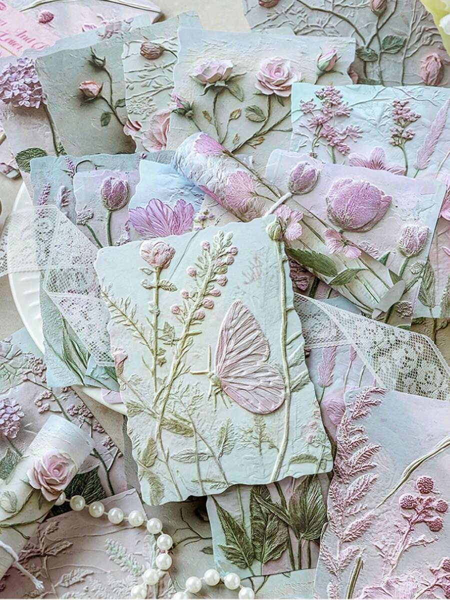 1/23 Sheets/Bag Aesthetic Green Plant Diary Base Paper Retro Flower Clipping Book Paper, DIY Handmade Account Decoration, Love Letter Clipping Materials, Embossed Flower Design, Art Album Planner Decoration, Suitable For Back To School