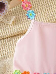 2025夏季新款熱銷女童可愛甜美風花卉刺繡裝飾黃色無袖吊帶洋裝 - 淺粉色 - 查看 4
