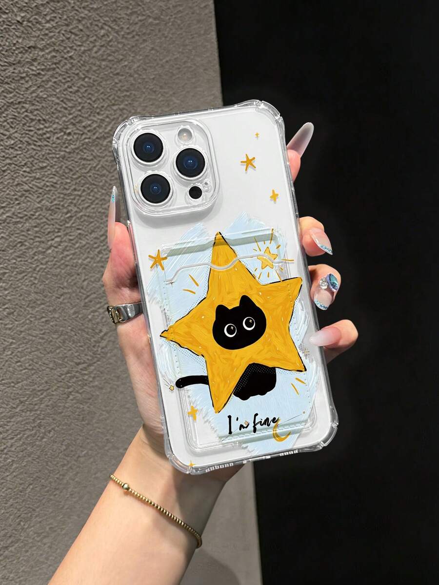 Cat Painted Transparent Four-Corner Card Slot Multi-Function Card Holder Wallet Thickened Shockproof Phone Case Compatible With Ip 17/Ip 17pro/Ip 17promax/ IP16/11/16pro/16plus/16promax/16e/15Promax/13/14/12/XS/XR/7G/8P, Compatible With Samsung Galaxy S25/S25PLUS/S25 Ultra/A16/A36/A26/A56/A50/A12/A32/A52/A72/A51/A21S/A13/A14/S24/S24PLUS/S24Ultra/S20/S23/S22/A53/S20FES26 Shockproof Phone Case - Clear - View 1