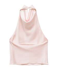 Spring/Summer Solid Color Satin Halter Neck Backless Top - Baby Pink - View 3