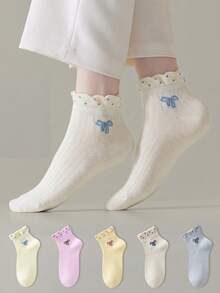ZUJO 5 pares de calcetines cortos para mujer, con estampado de lazo, adecuados para viajes familiares durante todo el año, sencillos y cómodos, colores aleatorios - Multicolor - Ver 1