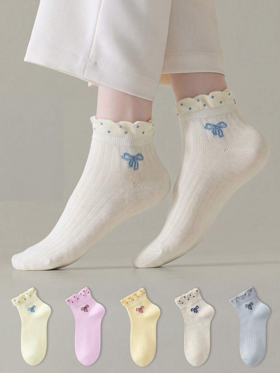 ZUJO 5 pares de calcetines cortos para mujer, con estampado de lazo, adecuados para viajes familiares durante todo el año, sencillos y cómodos, colores aleatorios - Multicolor - Ver 1