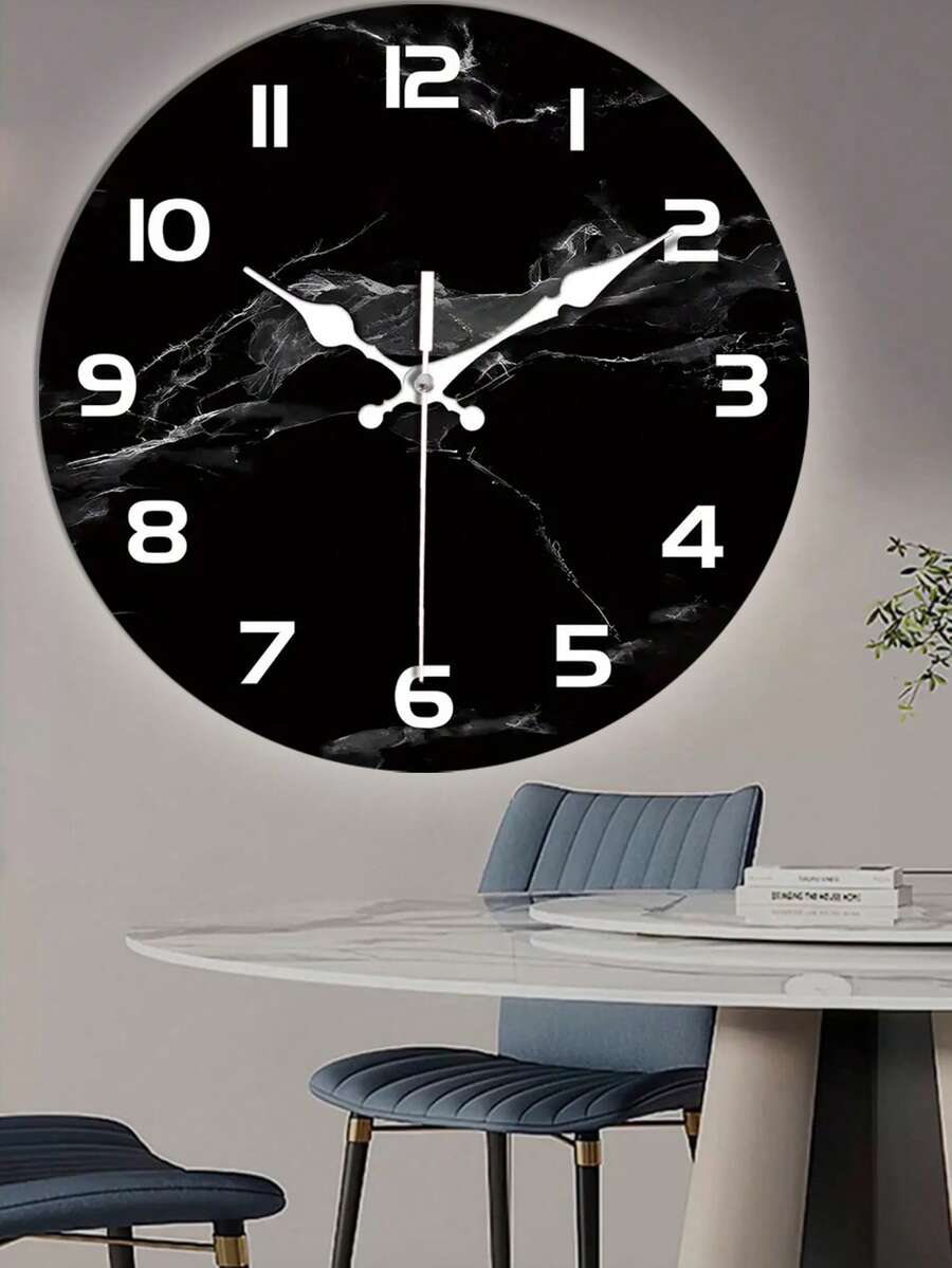 [Marble Texture Silent Wall Clock] 1pc Modern Black Marble Texture Silent Wooden Wall Clock - Japanese Quartz Movement, Round Analog Display, Fantasy Theme - AA Battery Powered, Suitable For Home Decor - 1PC - View 1