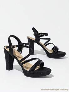 Queenigma Women's Platform High Heel Sandals, Peep Toe, Chunky Heel, Lace-Up, Glossy Black, Fashion Street Style, Suitable For Party, Holiday, Daily Wear - Black - View 10