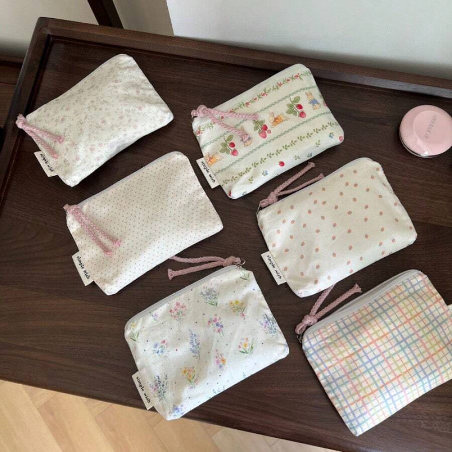 Ins Pastoral Style Floral Polka Dot Plaid Print Makeup Bag, Cute Fabric Zipper Portable Storage Pouch - Coin Purse - View 1