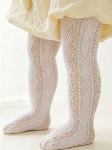 1 Pair Infant Girls' Princess Heart Shaped Hollow Out Mesh Breathable & Comfortable Tights, Suitable For Daily Wear Or Party Outfits - White - View 2