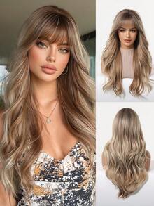 22吋金棕漸層淺棕色波浪合成假髮附瀏海，耐熱高溫纖維自然外觀，適合女性日常配戴、派對約會 - 彩色 - 查看 2