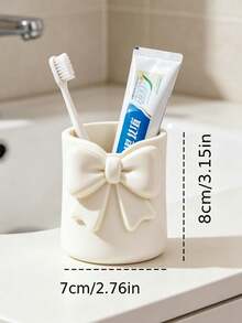 1pc Cream Style Bow Mini Toothbrush Cup, Cute Desktop Storage Box, Multi-Functional Toothbrush & Toothpaste Holder, Mini Vase Small Potted Plant Decor, Bathroom Vanity Desktop Organizer, Dorm Home Decor, Makeup Brush Holder - Multicolor - View 7