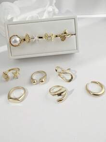 Set de 10 piezas de anillos de estilo bohemio para vacaciones, de metal ajustable y apilable, con estrella de mar, resina, perla falsa, diseño retorcido y geométrico, adecuado para niñas, regalo para ambiente de salida a la playa - 32715-anillo-G - Ver 9