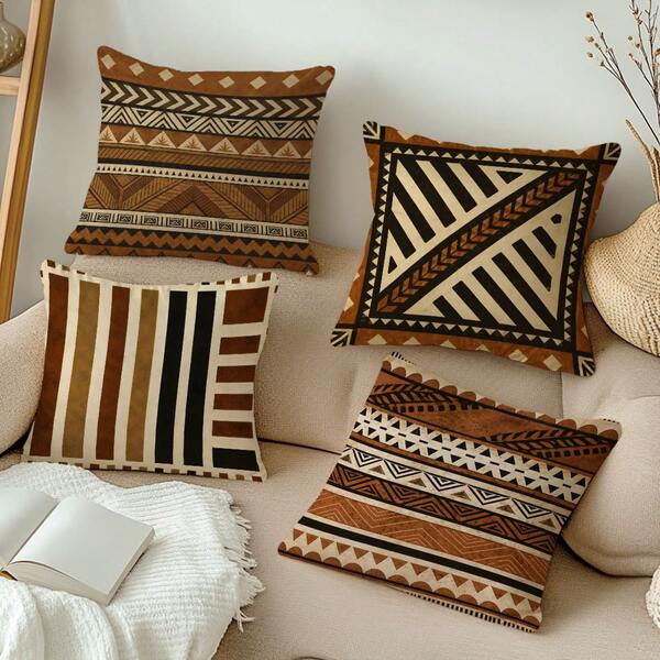 4pcs Vintage Earth Tone African Geometric Woven Print Pattern Cushion Covers [Pillow Insert Not Included], 40*40cm/45*45cm/50*50cm, [Single-Sided Printing] Made Of Polyester Material, Personalized Home Decor, Triangle Stripe Wabi-Sabi Nomadic Style Throw Pillow Covers, Room Decor, Home Decor, Bedroom Decor, Room Decoration Stuff, Suitable For Sofa, Living Room, Bedroom, Car, Office, Hotel, B&B Decoration, Perfect Gift For Family And Friends