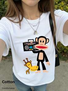 Paul Frank Women's Summer Short-Sleeved T-Shirt, Featuring A Cartoon 'Big Mouth Monkey' And Giraffe Design; Soft, Drapey And Breathable Women's Short-Sleeved Top - White - View 4