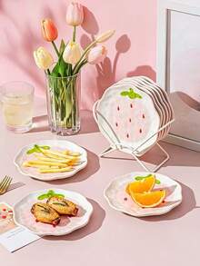 1pc/2pcs/4pcs Strawberry Ceramic Plate Set, 6-Inch Cartoon Underglaze Cake Dessert Plate, Fruit Snack Plate, Breakfast Bread Plate, Afternoon Tea Snack Plate, Side Dish Plate, Korean Kimchi Plate, Tabletop Bone Plate, Tabletop Trash Tray, Microwave Oven, Dishwasher - Multicolor - View 6