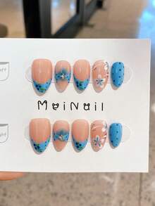 10 piezas de uñas postizas de almendra medianas, de punta francesa azul desnuda, hechas a mano, con flores y lunares - Multicolor - Ver 3