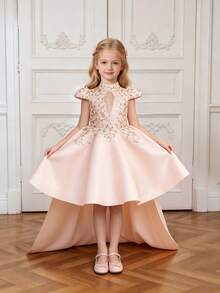 Young Girls Cap Sleeve Sequin Embroidered Satin Elegant Trailing Gown Suitable For Party And Runway, Fabric Pattern Randomly Cut, Headband Not Included - Baby Pink - View 4