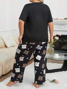 Plus Size Casual Comfortable Cartoon Print Short Sleeve & Long Pants Women's Loungewear 2 Pieces Pajama Set - Black - View 2