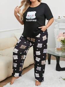 Plus Size Casual Comfortable Cartoon Print Short Sleeve & Long Pants Women's Loungewear 2 Pieces Pajama Set - Black - View 1