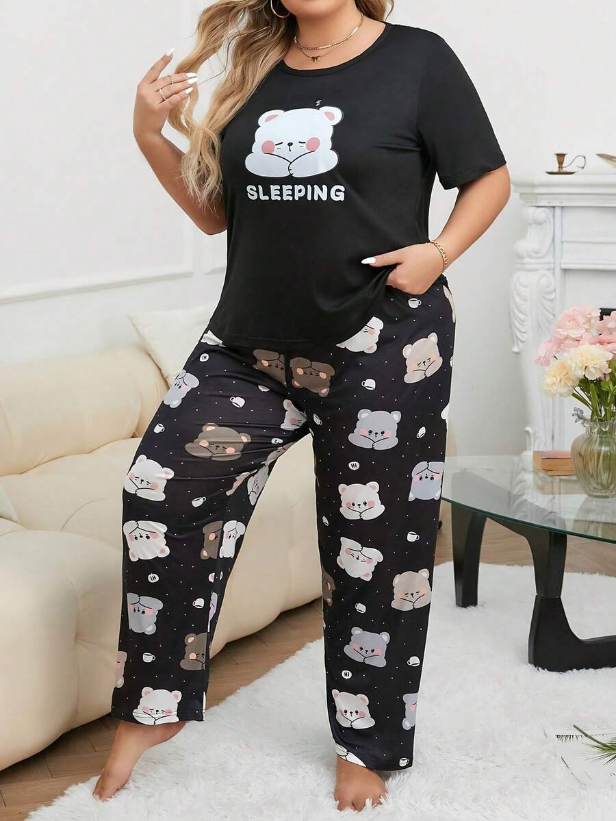 Plus Size Casual Comfortable Cartoon Print Short Sleeve & Long Pants Women's Loungewear 2 Pieces Pajama Set - Black - View 1