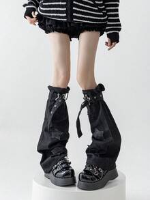 polve 1 Pair Japanese Style Cute Dark Black Star Pattern Y2K Punk Over-The-Knee Buckle Strap Leg Warmers - Black (can Be Worn Within Calf Circumference 38cm) - View 5