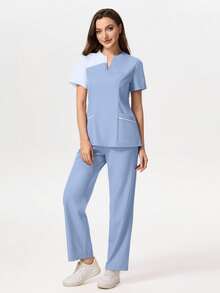 TaskEZ Medical Pajama Uniform Set With Short Sleeve V-Neck Top And Contrasting Pants - 賽萊斯特 - 查看 1
