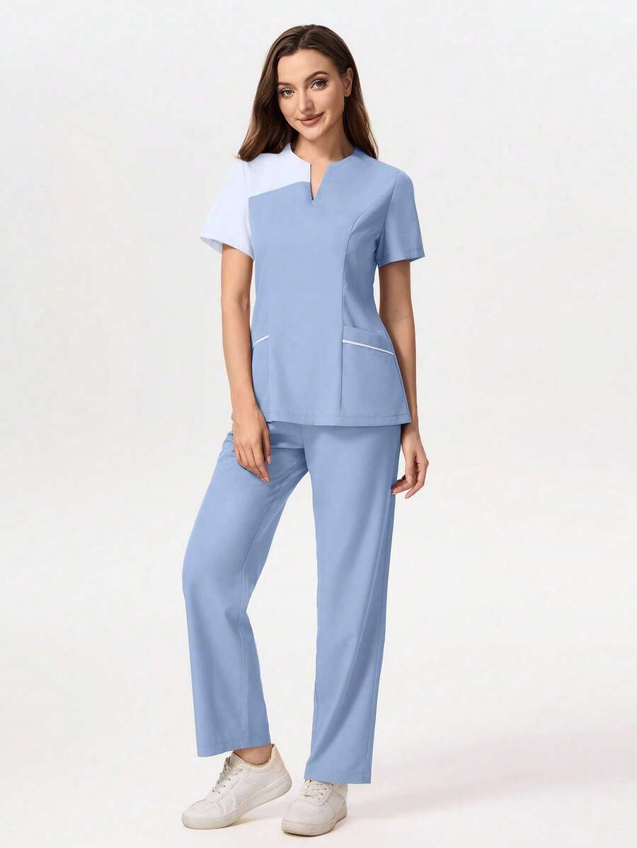 TaskEZ Medical Pajama Uniform Set With Short Sleeve V-Neck Top And Contrasting Pants - 賽萊斯特 - 查看 1