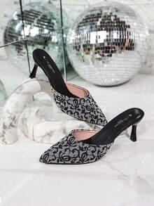 Women's High Heel Sandals, Colorful Rhinestone Embellished Stiletto Heel Slides, Party & Date Night Out Shoes - Black - View 3