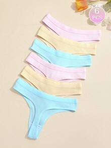 6 قطع/مجموعة سراويل داخلية مضلعة مريحة بتصميم ثونغ G-String T-Back بدون خياطة، سراويل داخلية نسائية مثلثة مثيرة ومريحة - متعدد الألوان - مشاهدة 5