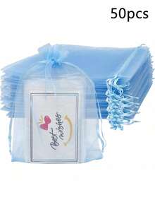 50pcs Organza Gift Bags, Jewelry Pouches, Small Mesh Bags With Drawstring, Suitable For Packaging, Jewelry, Small Gifts, Weddings Valentine's Day - Blue - View 7