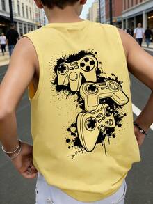 Camiseta sin mangas para niños con diseño de controlador de juego con salpicaduras grandes, tela suave y cómoda, estilo streetwear - Amarillo - Ver 1