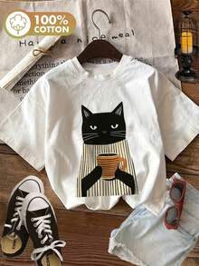 1 Pcs Casual Elegant 100%Cotton Unisex T-Shirt, Cute Black Cat Holding Coffee Cup Front Print, Summer Top For Street, Travel & Airport Wear, Breathabl - 白色 - 查看 1