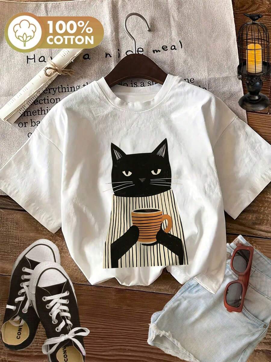 1 Pcs Casual Elegant 100%Cotton Unisex T-Shirt, Cute Black Cat Holding Coffee Cup Front Print, Summer Top For Street, Travel & Airport Wear, Breathabl - 白色 - 查看 1