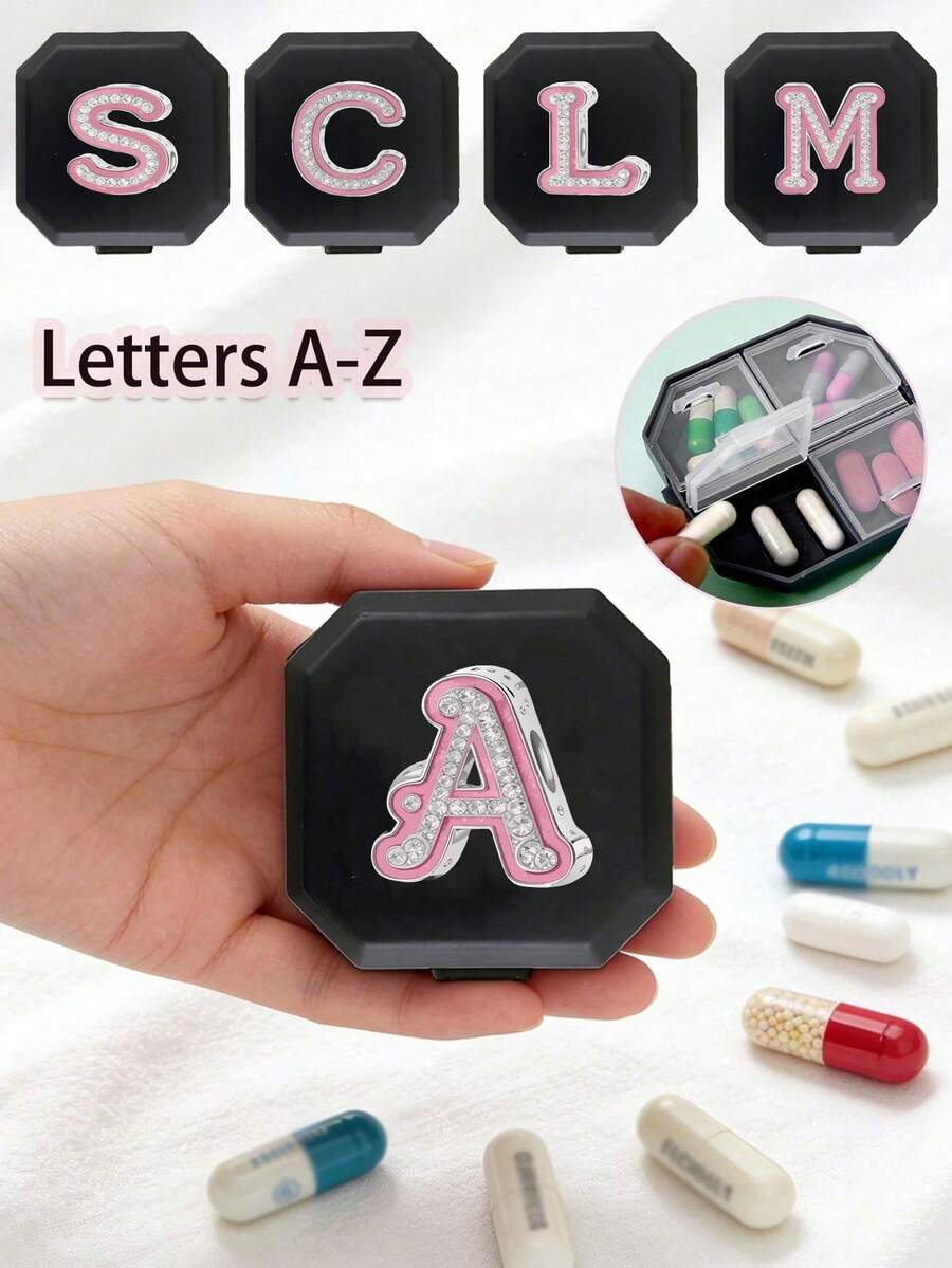 水鑽字母 A-Z 圖案便攜式藥盒,便攜式急救包,膠囊收納盒,旅行藥盒,藥物收納,旅行迷你藥盒,防潮藥片與維生素分裝收納,居家露營,戶外健行,開學季,藥盒,藥物容器,急救箱,醫療盒,旅行配件,宿舍必需品收納盒 - 彩色 - 查看 1