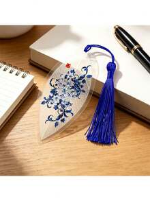 1pc Blue And White Porcelain Style Leaf Vein Bookmark With Tassel, Chinese Ink Art Peony And Peacock Pattern, Handmade Natural Leaf Bookmark, Ideal Gift For Readers And Students - View 7