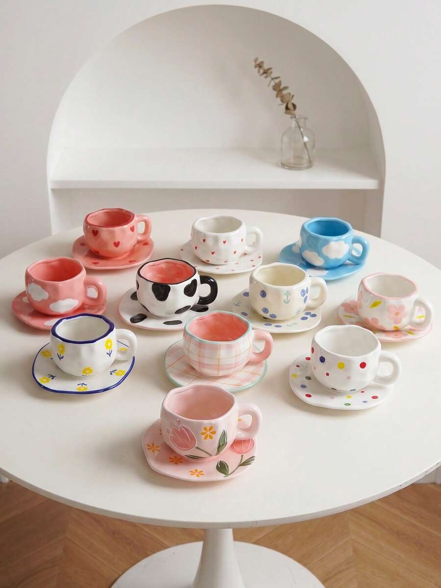 CMYD Studio 1pc 280ml Original Nordic Style Handmade Ceramic Coffee Cup & Saucer Set, Multi-Color Plaid, Heart, Cloud, Floral Pattern, Suitable For Afternoon Tea, Milk, Latte, Dessert Plates - Great Gift