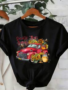Sunflower Truck Honey Sweetie Farm Vintage Car Graphic Tee Summer Country Style Women's Casual Shirt - 黑色 - 查看 2
