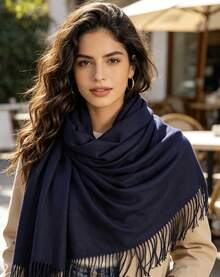 Plain Polyester Pashmina Scarf Weighing 150g-180g With Fringe, Unisex. - 藏蓝色 - 查看 2