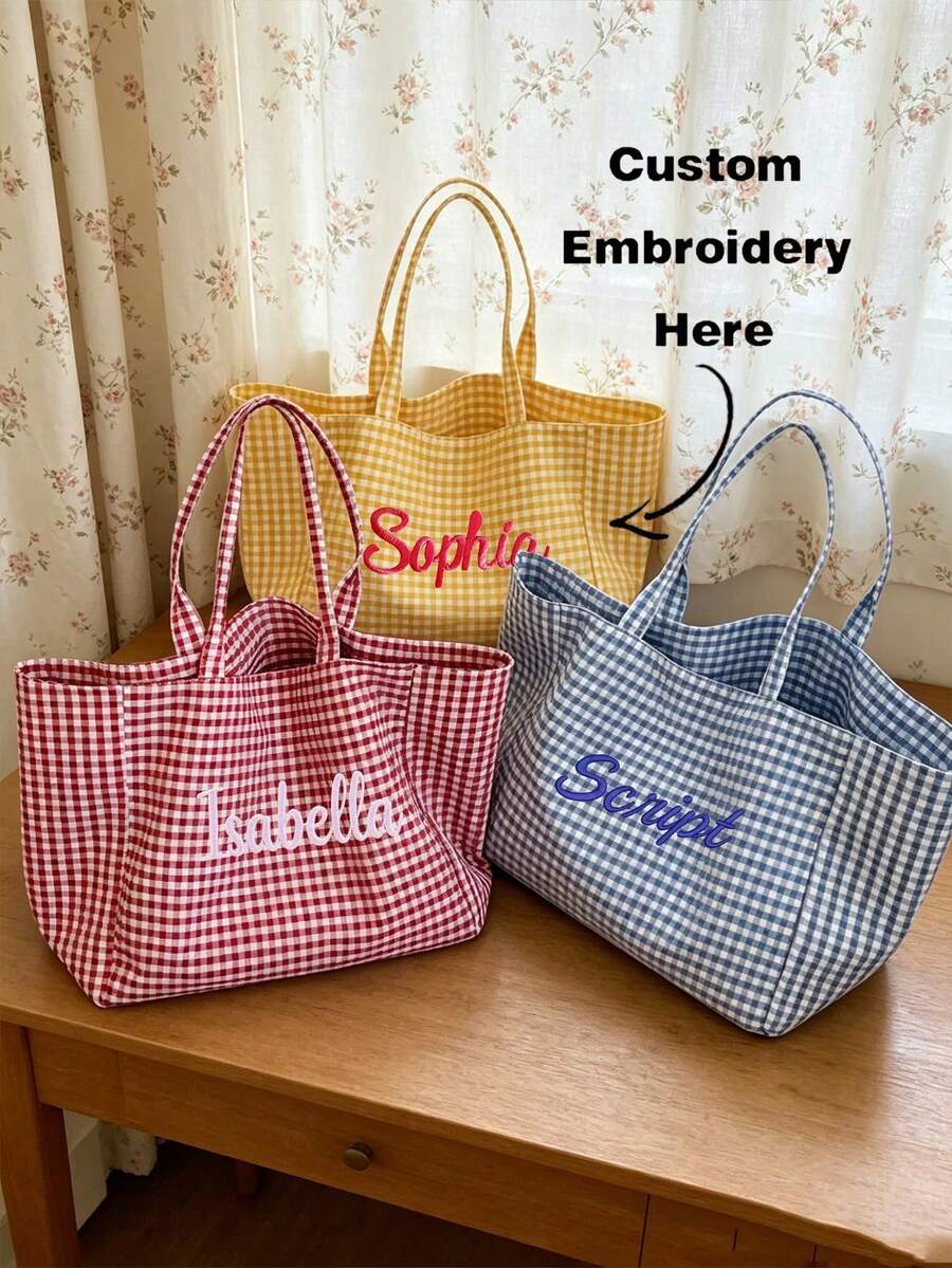 (客製化)韓式夏季個性化刺繡字母流蘇托特包，大容量帆布通勤肩背包，沙灘包，戶外旅行與返校季、假期、畢業季、母親節，百搭日常
